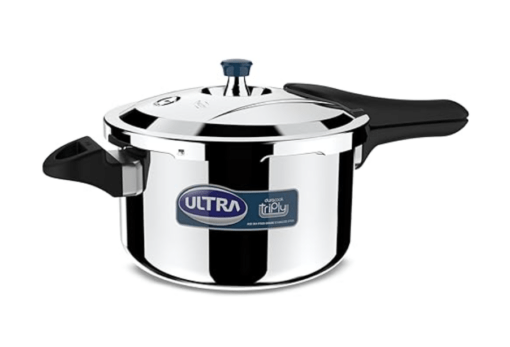 Ultra Duracook Triply 5.5 L pressure cooker,SS 304 Food Grade,'SCTS'Anti Bulging,Froth collector,Broad Base quick cooking -savesgas.Solid backelite handles,3 layered body, Induction,ISI,5 Y warranty